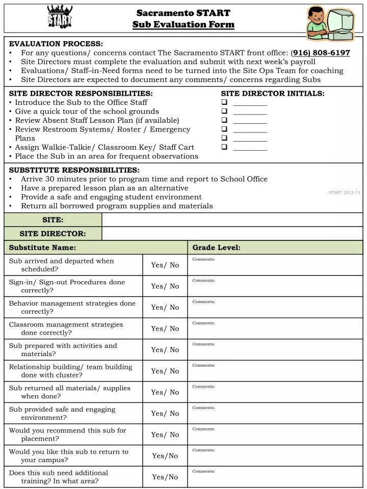 sacramento start sub evaluation form