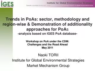 Naoki TORII Institute for Global Environmental Strategies Market Mechanism Group