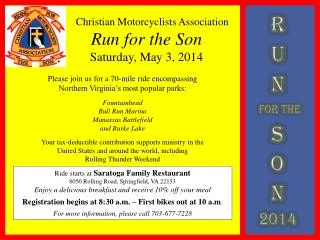 Christian Motorcyclists Association Run for the Son Saturday, May 3, 2014