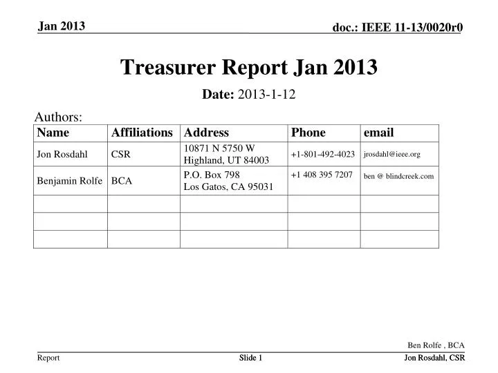 treasurer report jan 2013