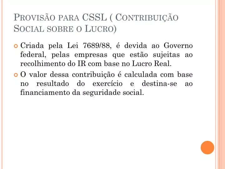 provis o para cssl contribui o social sobre o lucro