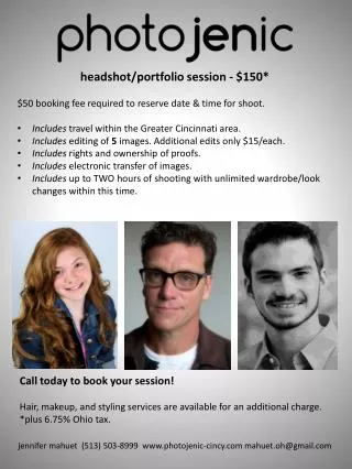 headshot/portfolio session - $150 * $50 booking fee required to reserve date &amp; time for shoot .
