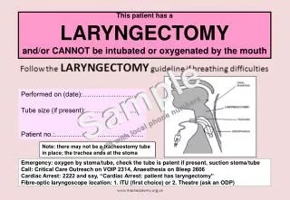 Emergency: oxygen by stoma/tube, check the tube is patent if present, suction stoma/tube