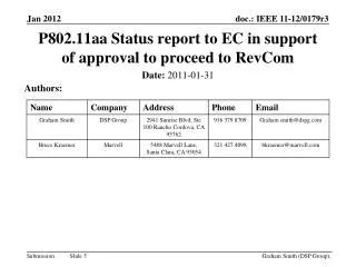 P802.11aa Status report to EC in support of approval to proceed to RevCom