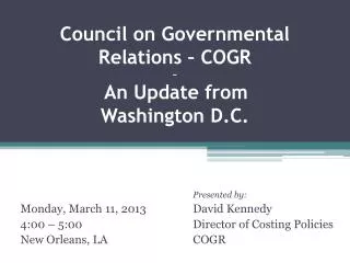 Council on Governmental Relations – COGR ~ An Update from Washington D.C.
