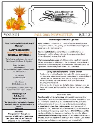 VOLUME I	 Fall 2013 Newsletter issue 2