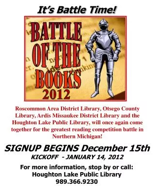 SIGNUP BEGINS December 15th KICKOFF - JANUARY 14, 2012 For more information, stop by or call: