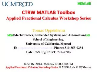 CTRW MATLAB Toolbox Applied Fractional Calculus Workshop Series