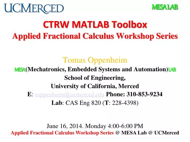 ctrw matlab toolbox applied fractional calculus workshop series
