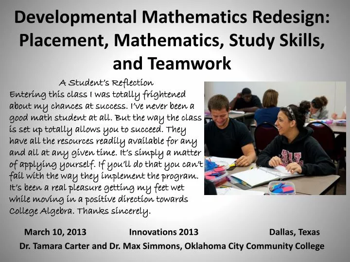 developmental mathematics redesign placement mathematics study skills and teamwork