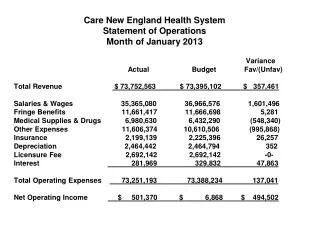 Care New England Health System Statement of Operations Month of January 2013