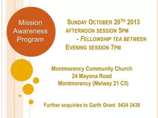 Montmorency Community Church 24 Mayona Road Montmorency ( Melway 21 C5)