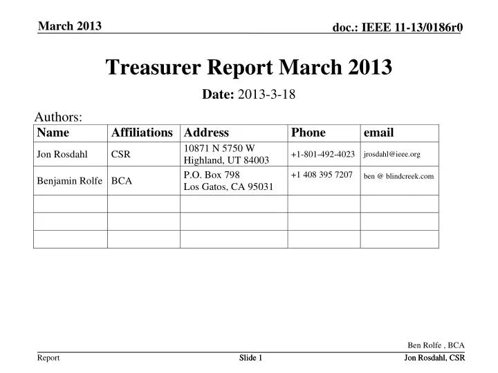 treasurer report march 2013