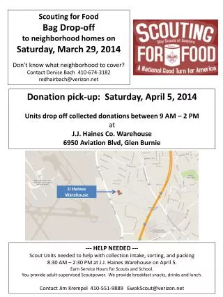 Scouting for Food Bag Drop-off to neighborhood homes on Saturday, March 29, 2014