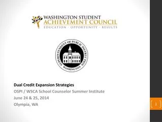 Dual Credit Expansion Strategies OSPI / WSCA School Counselor Summer Institute June 24 &amp; 25, 2014