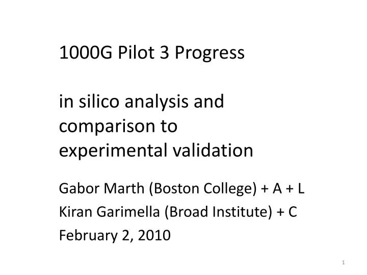 1000g pilot 3 progress in silico analysis and comparison to experimental validation