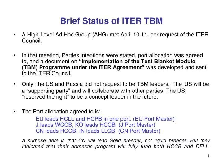 brief status of iter tbm