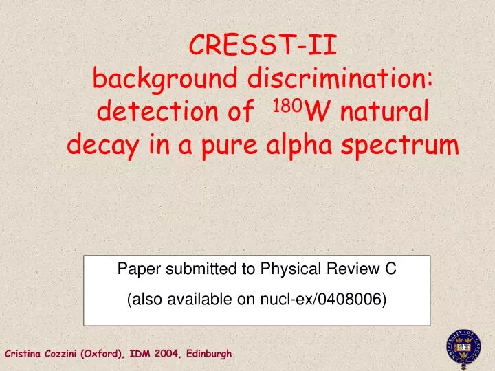 cresst ii background discrimination detection of 180 w natural decay in a pure alpha spectrum