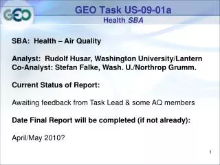 GEO Task US-09-01a Health SBA