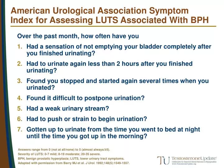 american urological association symptom index for assessing luts associated with bph