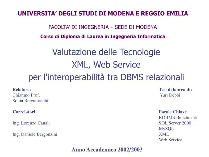 valutazione delle tecnologie xml web service per l interoperabilit tra dbms relazionali