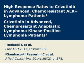 1 Redaelli S et al. Proc ASH 2013;Abstract 368. 2 Gambacorti Passerini C et al.