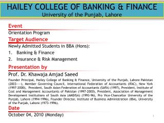 HAILEY COLLEGE OF BANKING &amp; FINANCE University of the Punjab, Lahore