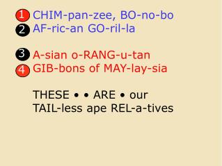 CHIM-pan-zee, BO-no-bo AF-ric-an GO-ril-la A-sian o-RANG-u-tan GIB-bons of MAY-lay-sia