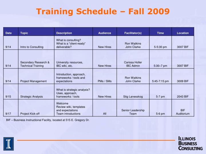 training schedule fall 2009