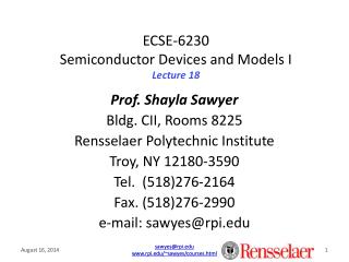 ECSE-6230 Semiconductor Devices and Models I Lecture 18