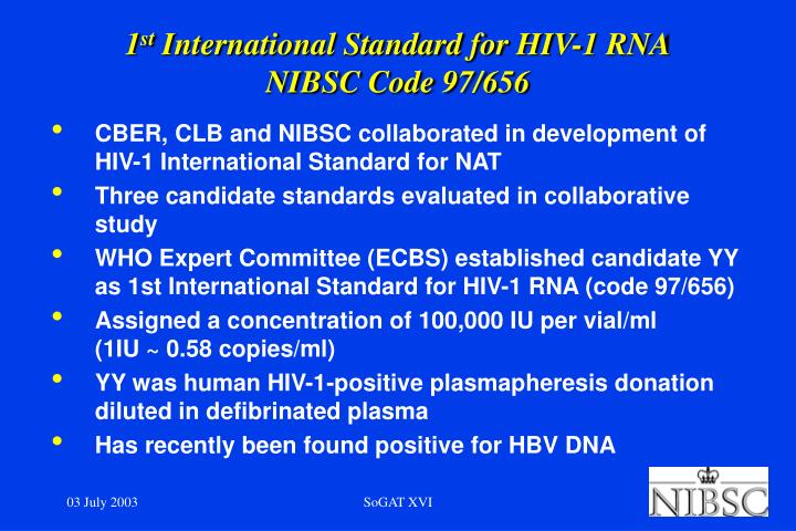 1 st international standard for hiv 1 rna nibsc code 97 656