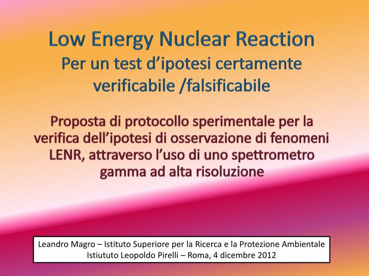 low energy nuclear reaction per un test d ipotesi certamente verificabile falsificabile