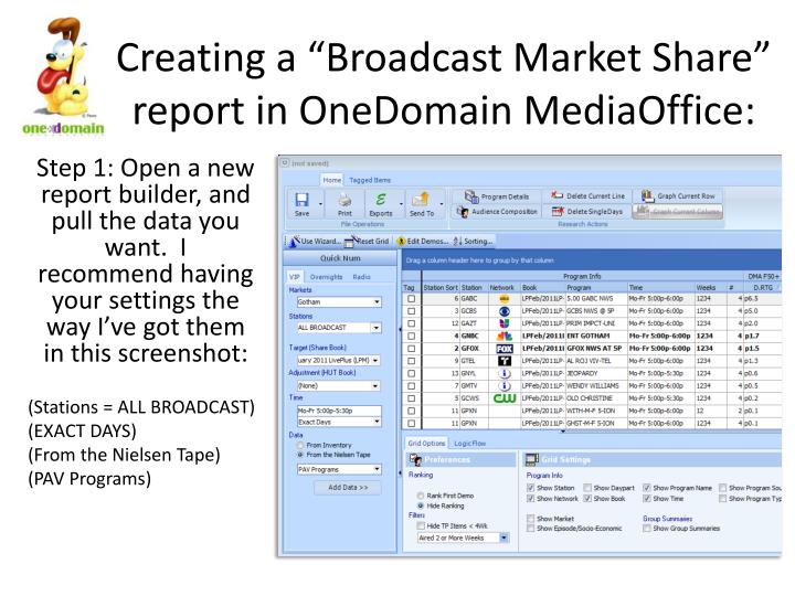creating a broadcast market share report in onedomain mediaoffice