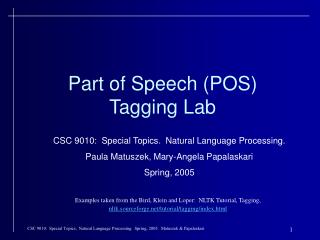 Part of Speech (POS) Tagging Lab