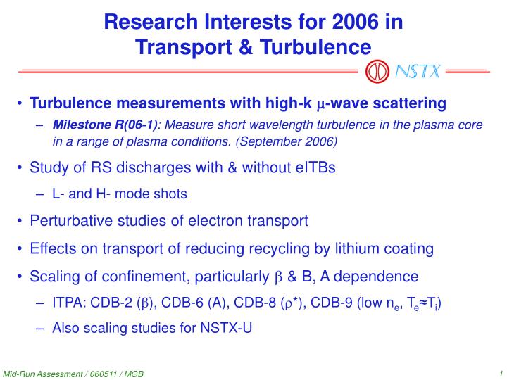 research interests for 2006 in transport turbulence