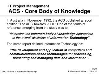 IT Project Management ACS - Core Body of Knowledge