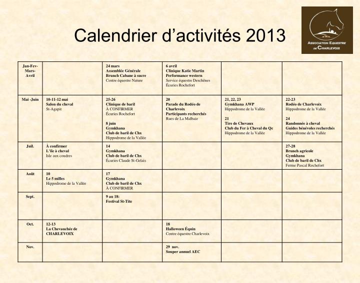 calendrier d activit s 2013