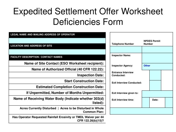 expedited settlement offer worksheet deficiencies form