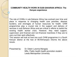 COMMUNITY HEALTH WORK IN SUB-SAHARAN AFRICA: The Kenyan experience
