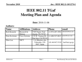 IEEE 802.11 TGaf Meeting Plan and Agenda
