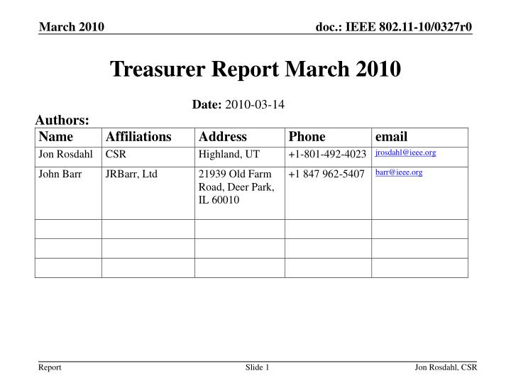 treasurer report march 2010