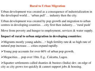 Rural to Urban Migration