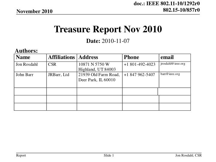 treasure report nov 2010