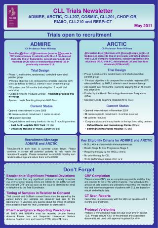 CLL Trials Newsletter ADMIRE, ARCTIC, CLL207, COSMIC, CLL201, CHOP-OR, RIAltO, CLL210 and RESPeCT