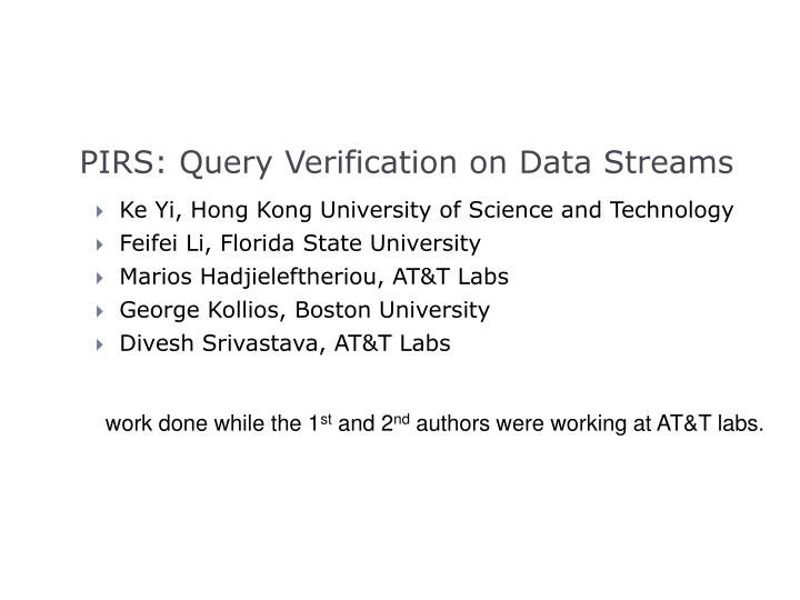 pirs query verification on data streams