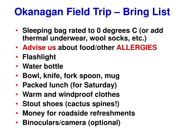 okanagan field trip bring list