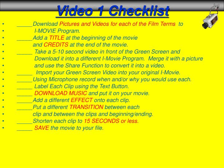 video 1 checklist