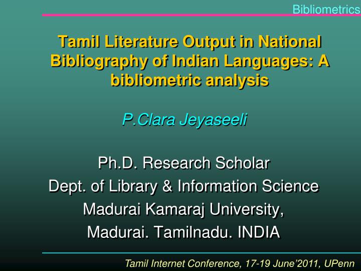 tamil literature output in national bibliography of indian languages a bibliometric analysis