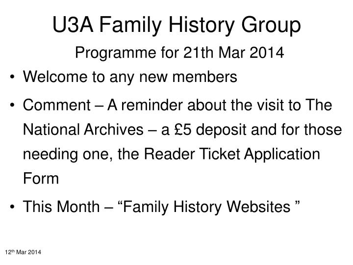 u3a family history group programme for 21th mar 2014