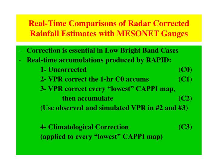 real time comparisons of radar corrected rainfall estimates with mesonet gauges
